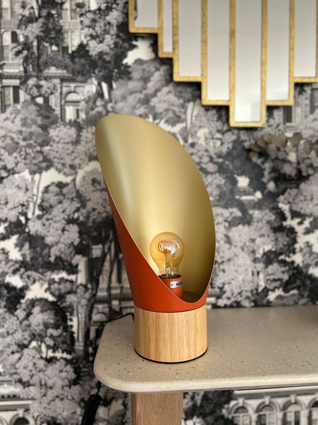 lampe de table terracotta doré socle bois Yodéko